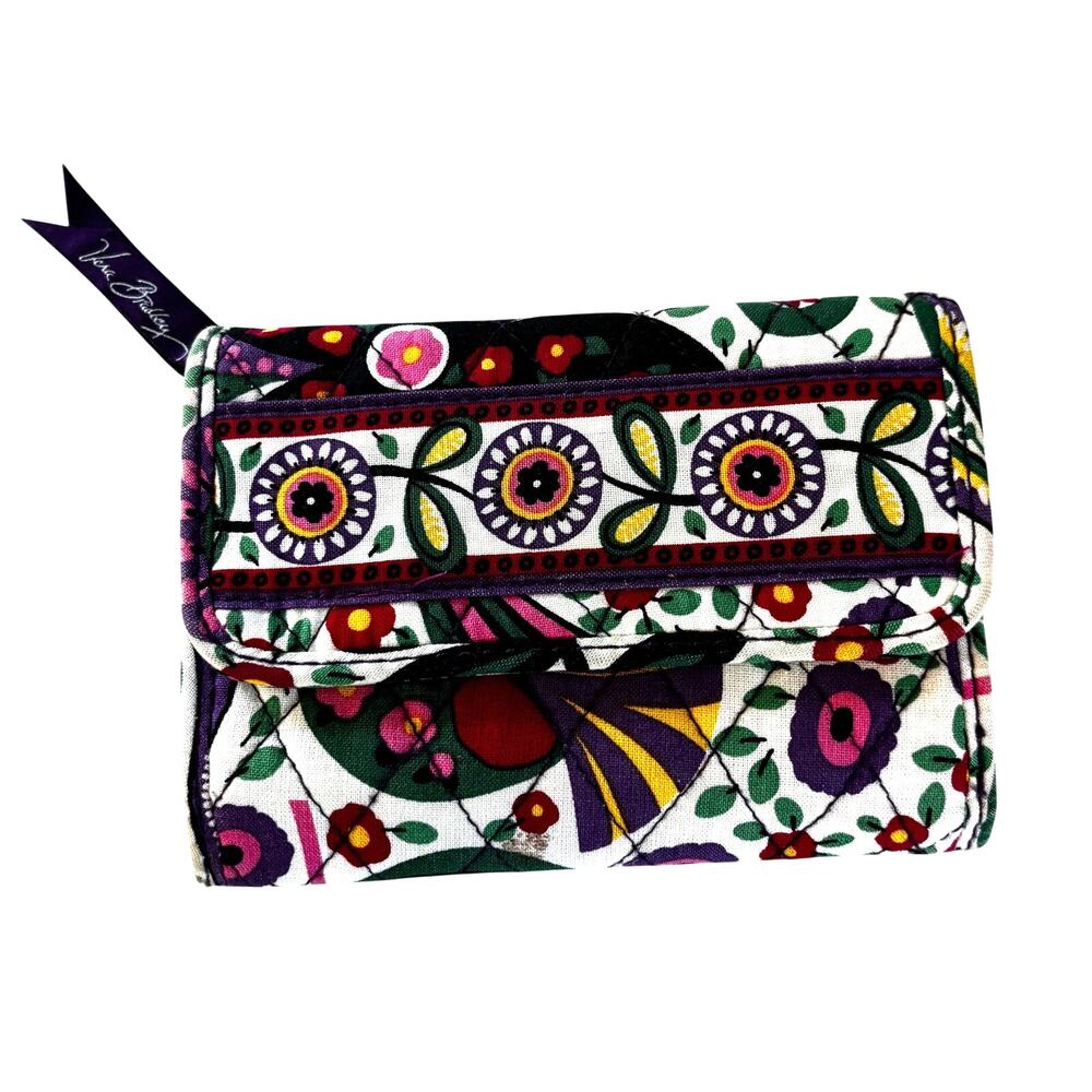 Vera Bradley quilted cotton wallet trifold white purple green multicolor preppy
